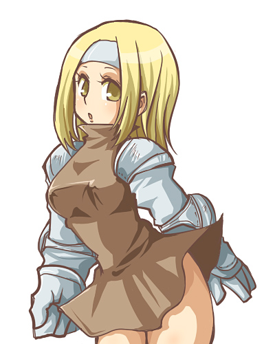 blonde_hair breasts dress erect_nipples female final_fantasy final_fantasy_tactics gauntlets ginger_yaki headband long_hair lowres shougayaki_(kabayaki_3) simple_background solo squire squire_(fft) white_background yellow_eyes