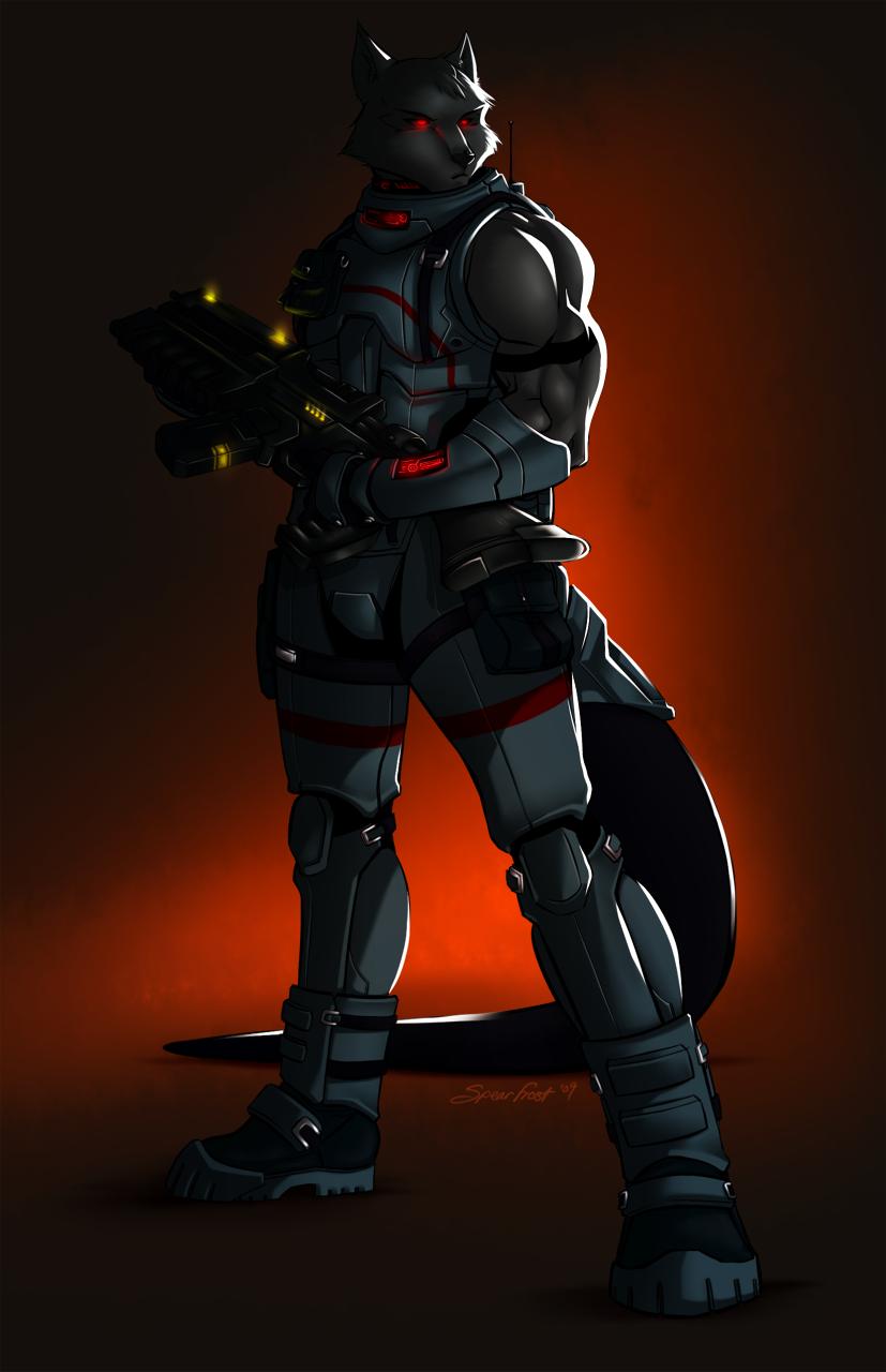 armor canine gun male red_eyes solo spearfrost standing weapon wolf