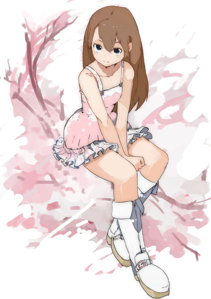 bad_id bad_pixiv_id bare_shoulders blue_eyes boots brown_hair dress frills from_above kureta_(nikogori) looking_up original personification sitting skirt smile solo tank_top