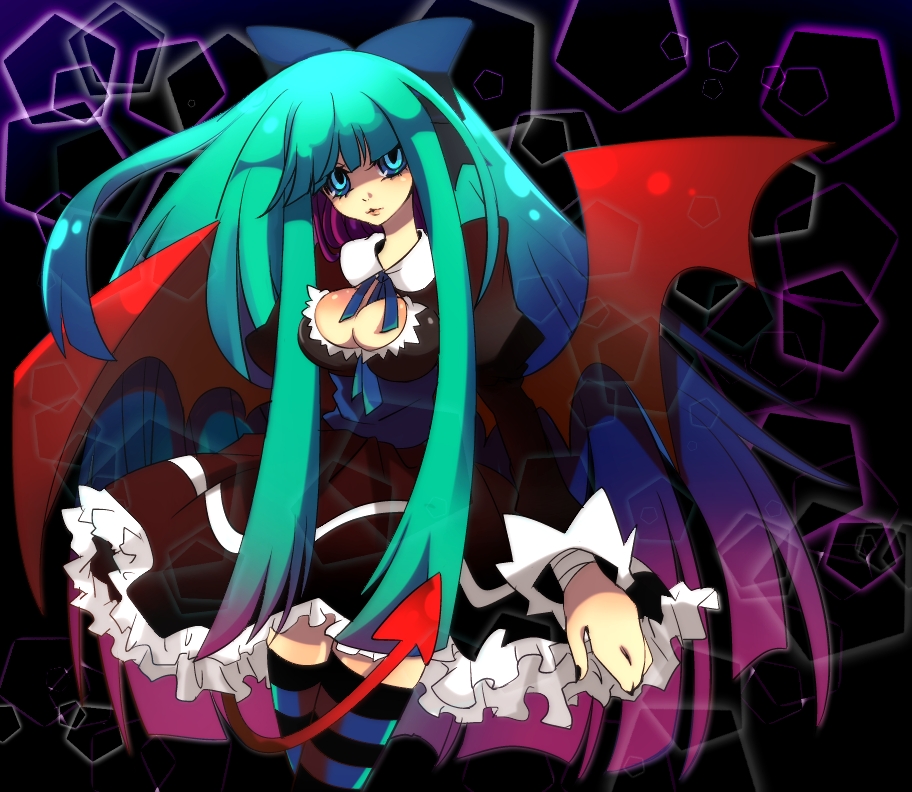 bat_wings bow breasts cleavage cleavage_cutout dark_persona demon_tail dress gradient_hair hair_bow inumimi-syndrome large_breasts multicolored_hair panty_&amp;_stocking_with_garterbelt solo stocking_(psg) striped striped_legwear tail thighhighs wings