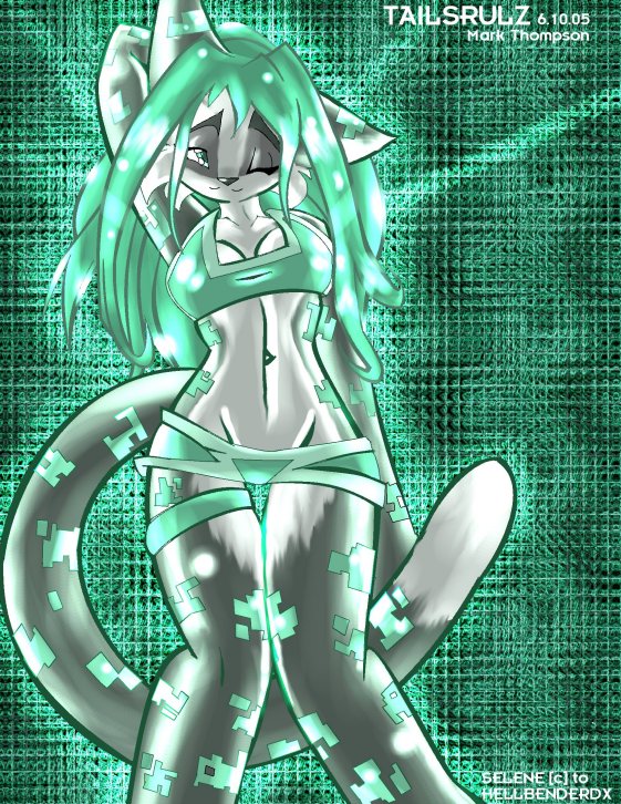 2005 cat cleavage feline female green_hair grey looking_at_viewer midriff one_eye_closed skimpy solo standing tailsrulz wide_hips