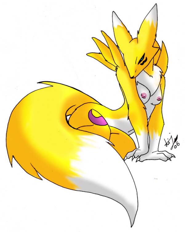 2006 blue_eyes breasts canine chest_tuft digimon face_markings female fox kneeling looking_at_viewer markings pose renamon solo tail unknown_artist white_background yellow