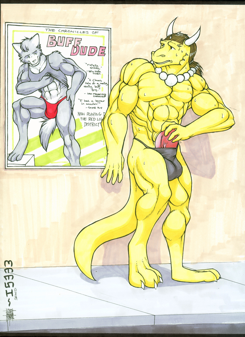 canine dragon male meesh muscles penis poking_out scalie thong underwear wolf