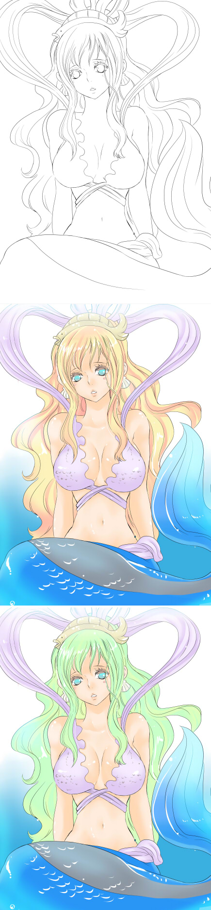 alternate_hair_color blonde_hair blue_eyes breasts breasts_apart chigusa_suzume earrings fish green_hair hair_ornament head_tilt highres jewelry large_breasts long_hair long_image looking_at_viewer mermaid midriff monster_girl one_piece parted_lips ribbon scales seashell shell shirahoshi sitting sketch tail tall_image water