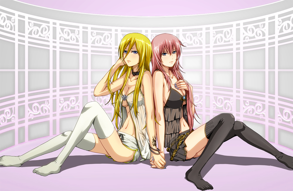 blonde_hair blue_eyes breasts cleavage holding_hands large_breasts legs lily_(vocaloid) lingerie long_hair long_legs medium_breasts megurine_luka midriff multiple_girls navel no10 open_clothes open_shirt pink_hair see-through shirt sitting skirt thighhighs thighs underboob underwear vocaloid yuri zettai_ryouiki