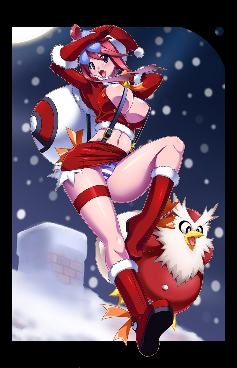 blue_eyes blush boots breasts christmas cleavage crop_top delibird frame fuuro_(pokemon) gen_2_pokemon hat highres jacket large_breasts midori_aoi midriff panties pokemon pokemon_(creature) pokemon_(game) pokemon_bw red_hair santa_costume shorts striped striped_panties suspenders unbuttoned underwear upshorts