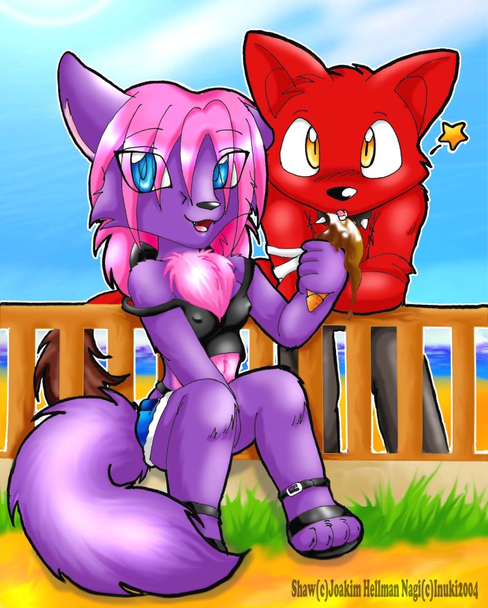 amber_eyes blue_eyes breasts canine chest_tuft claws day female fox hair ice_cream male nagi outside pink_hair purple red shaw sitting straight tight_clothing