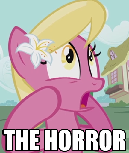 equine female feral flower flower_in_hair friendship_is_magic horse image_macro lily_(mlp) macro mammal my_little_pony pony reaction_image solo text the_horror unknown_artist