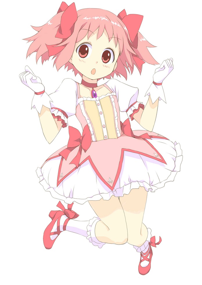 :o bubble_skirt choker full_body gloves jewelry kaname_madoka kneehighs magical_girl mahou_shoujo_madoka_magica pendant pink_eyes pink_hair puffy_sleeves red_choker shoes short_hair short_twintails simple_background skirt solo traze twintails white_legwear