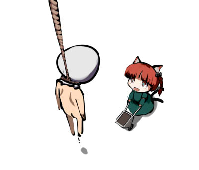 1girl :d animal_ears braid cat_ears cat_tail chibi from_above gatau hanged kaenbyou_rin lowres multiple_tails open_mouth red_hair simple_background sin_sack smile tail touhou wheelbarrow