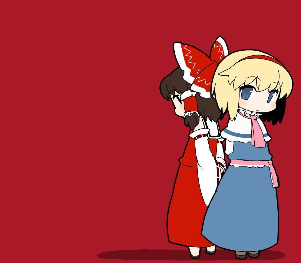 alice_margatroid blush chibi hakurei_reimu looking_back multiple_girls simple_background touhou ume_(noraneko)