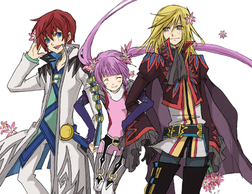 2boys asbel_lhant bad_id bad_pixiv_id blonde_hair blue_eyes brown_eyes brown_hair cape flower gloves green_shirt long_hair multiple_boys purple_hair richard_(tales) shirt smile sophie_(tales) tales_of_(series) tales_of_graces twintails