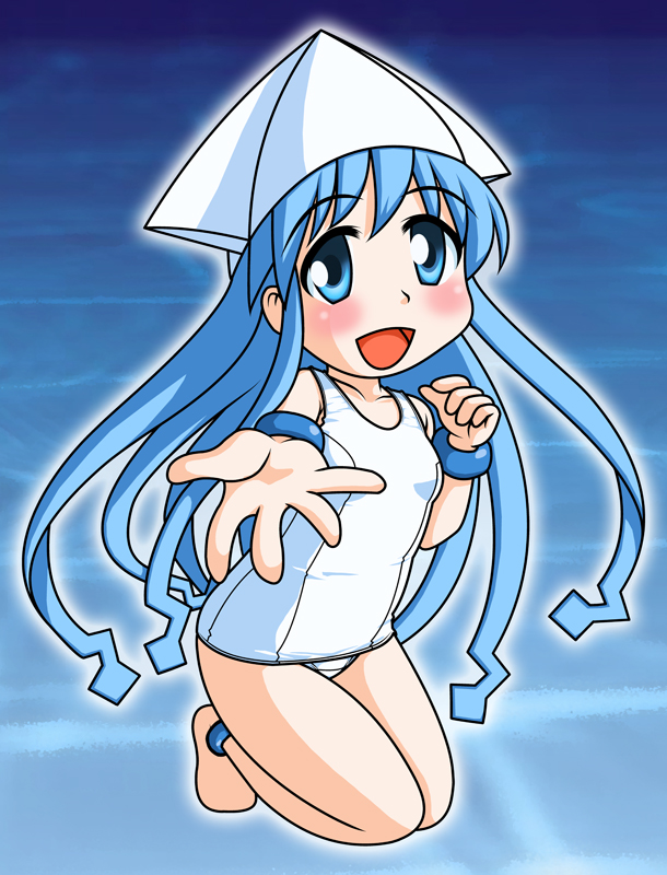 blue_eyes blue_hair foreshortening hat ikamusume long_hair neopure one-piece_swimsuit school_swimsuit shinryaku!_ikamusume solo swimsuit tentacle_hair white_school_swimsuit white_swimsuit