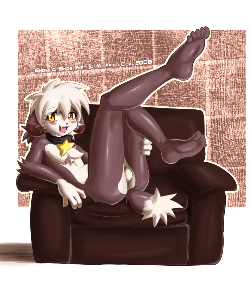 balls barefoot blush butt chest_tuft coinpurse cute ende girly hair hindpaw human_feet looking_at_viewer male nude plantigrade shadowill short_hair solo tail thighs unknown_species wide_hips