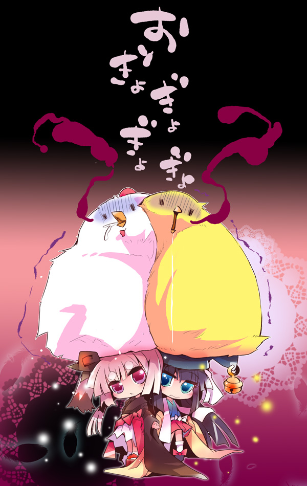 animal animal_on_head bad_id bad_pixiv_id bell bird bird_on_head blue_eyes chibi chick chicken long_hair multiple_girls on_head pixiv_fantasia pixiv_fantasia_5 red_eyes translated usoneko