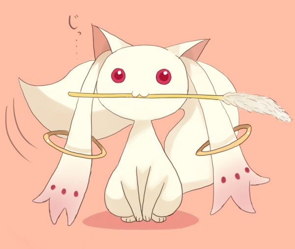 bad_pixiv_id cat_teaser kyubey mahou_shoujo_madoka_magica mouth_hold no_humans red_eyes sitting solo