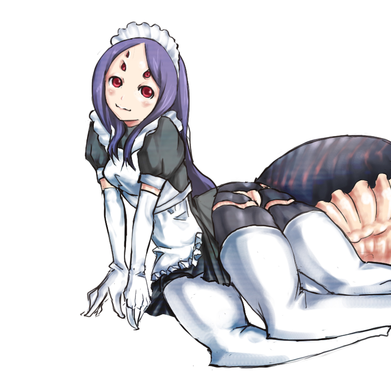 1girl alternate_costume arachne blue_hair elbow_gloves enmaided extra_eyes gloves insect_girl long_hair looking_at_viewer maid monster_girl multiple_eyes purple_hair red_eyes simple_background smile solo spider spider_girl thighhighs white_background