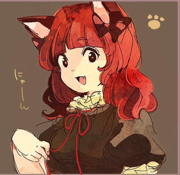 :3 alternate_hairstyle animal_ears brown_eyes cat_ears fang hair_down kaenbyou_rin light_smile meeko open_mouth paw_print red_hair sketch solo touhou upper_body