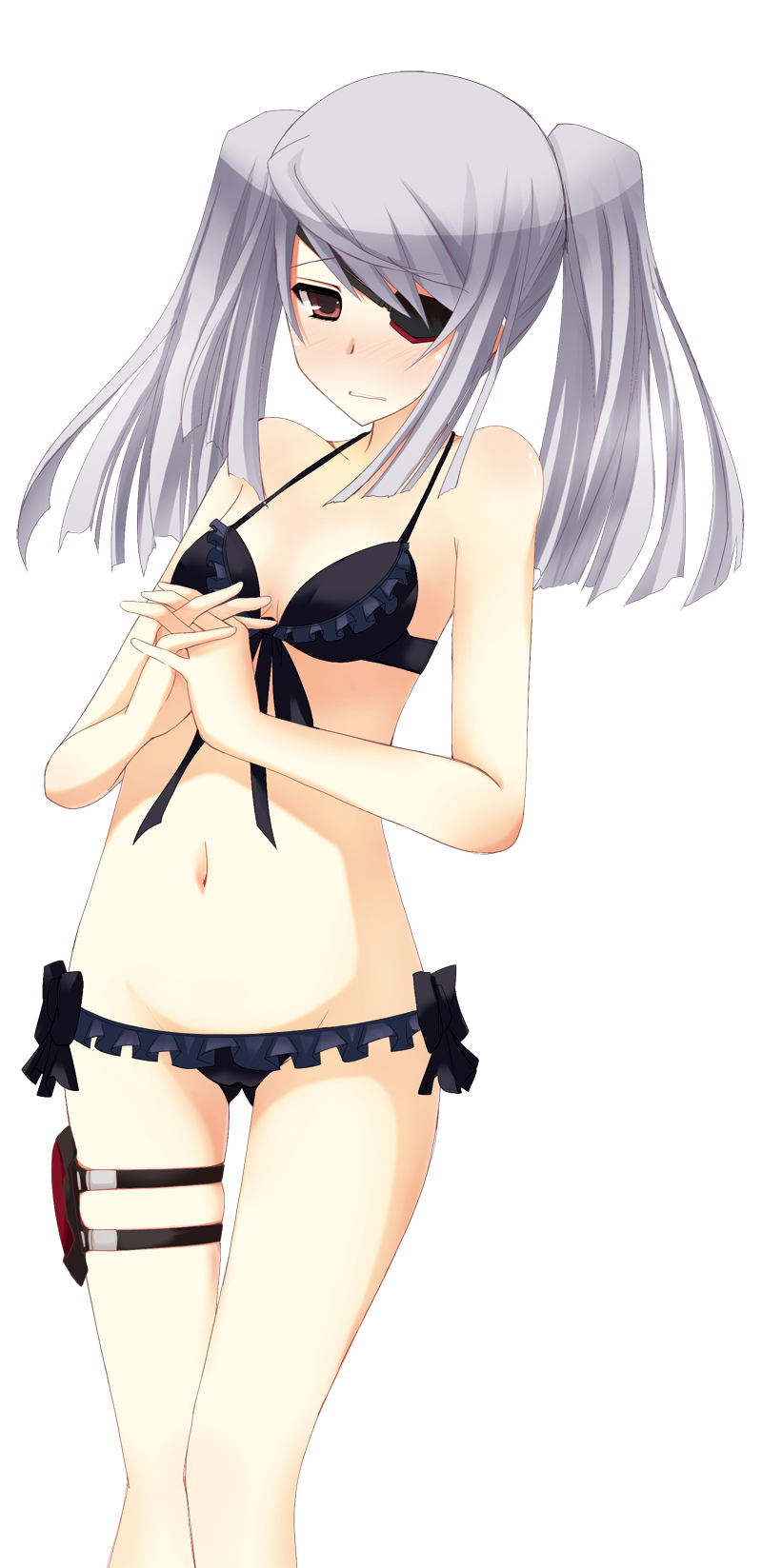 bikini blush clenched_teeth embarrassed eyepatch flat_chest frilled_bikini frills front-tie_top groin hands_clasped highres infinite_stratos laura_bodewig long_hair lowleg lowleg_bikini navel own_hands_together red_eyes rikudou_inuhiko silver_hair simple_background solo standing swimsuit teeth thigh_strap twintails