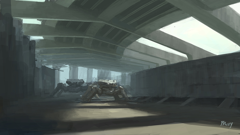 cannon mecha mozuo muted_color no_humans original overpass road sky walker