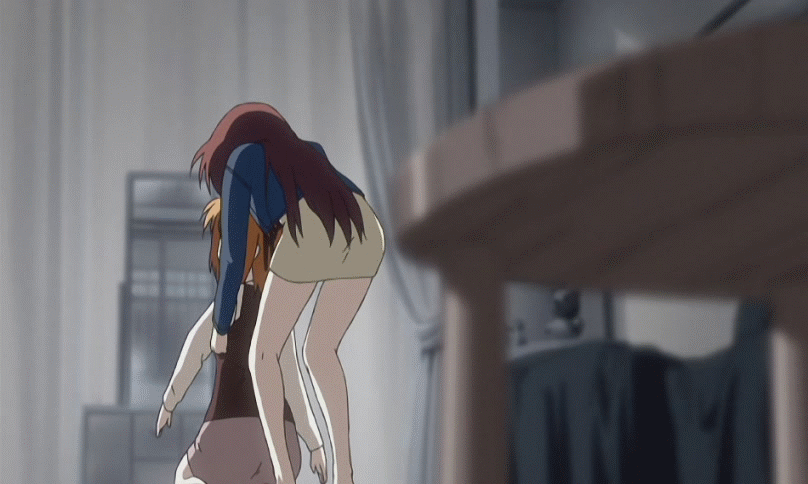 2girls accident animated animated_gif barefoot between_breasts blue_eyes breasts brown_eyes cap casual fall feet fuyou_kaede gif girl_on_bottom girl_on_top kiss lisianthus multiple_girls orange_hair red_hair ribbon saliva shocked shuffle shuffle! suprised surprised table toes trip tripping yuri