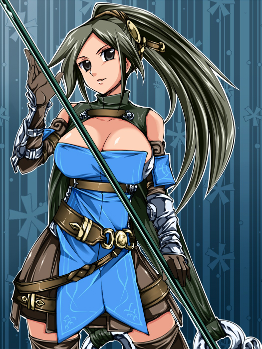 belt black_hair breasts cleavage gloves kumataka large_breasts polearm ponytail radiant_historia raynie solo spear thighhighs weapon