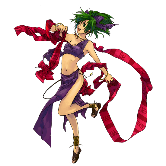 anklet bow bracelet dancer dancing fire_emblem fire_emblem:_seisen_no_keifu full_body green_eyes green_hair hair_bow jewelry kaito_(sawayakasawaday) leen_(fire_emblem) midriff navel necklace open_mouth ponytail sandals solo transparent_background