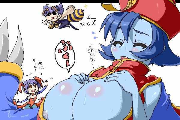 3girls artist_request blue_skin blush breast_expansion breasts capcom cleavage huge_breasts lei_lei lilith_aensland monster_girl multiple_girls nipple_slip nipples q-bee simple_background vampire_(game)