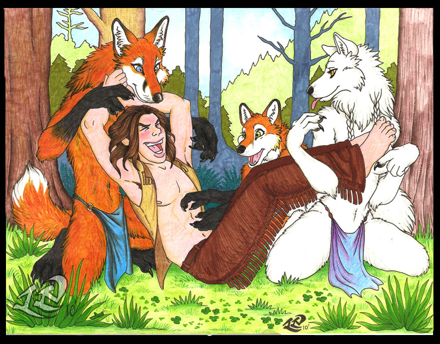 anthro breasts canine female forest fox fur human loincloth luthiennightwolf male mammal outside tickle tickling tree tribal underwear white white_fur wolf wood