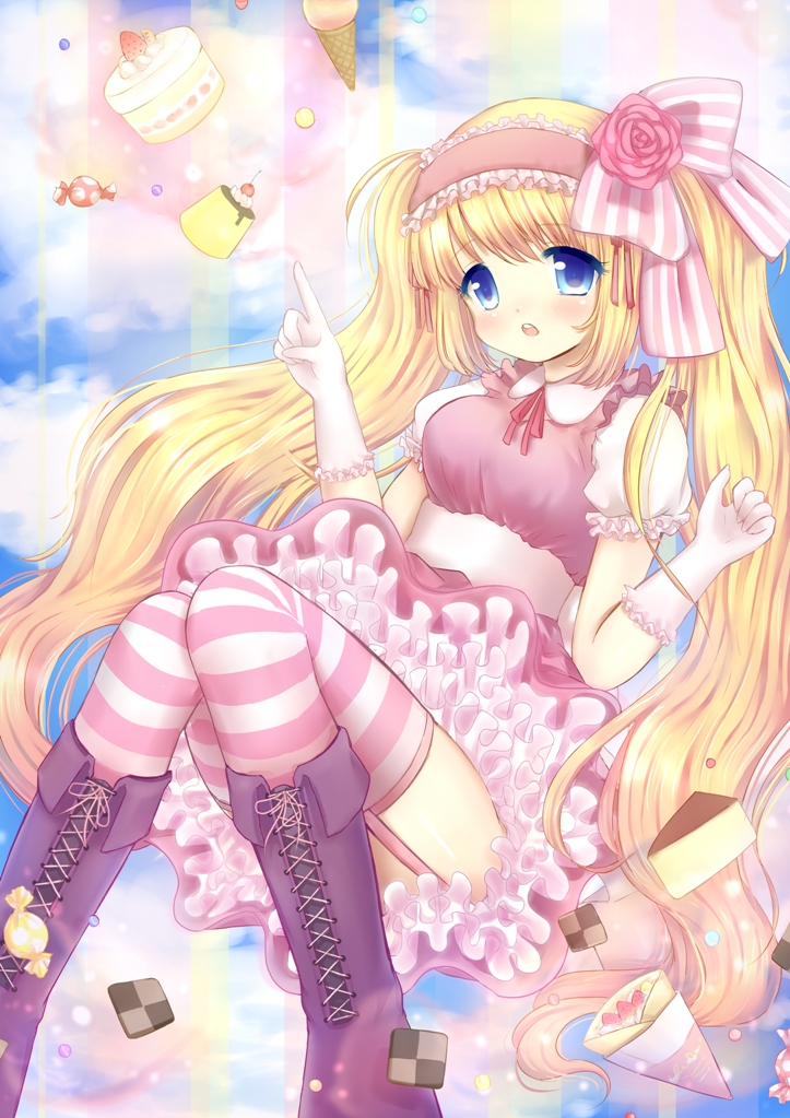 blonde_hair blue_eyes blush boots bow breasts cake candy cookie cookies dress flower food gloves headdress lolita_fashion long_hair open_mouth original pink_dress ribbon striped striped_legwear striped_thighhighs sweet_lolita thighhighs tyun very_long_hair