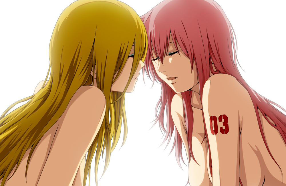 blonde_hair breasts closed_eyes eyeshadow imminent_kiss large_breasts lily_(vocaloid) long_hair makeup medium_breasts megurine_luka multiple_girls no10 nude open_mouth pink_hair simple_background vocaloid yuri