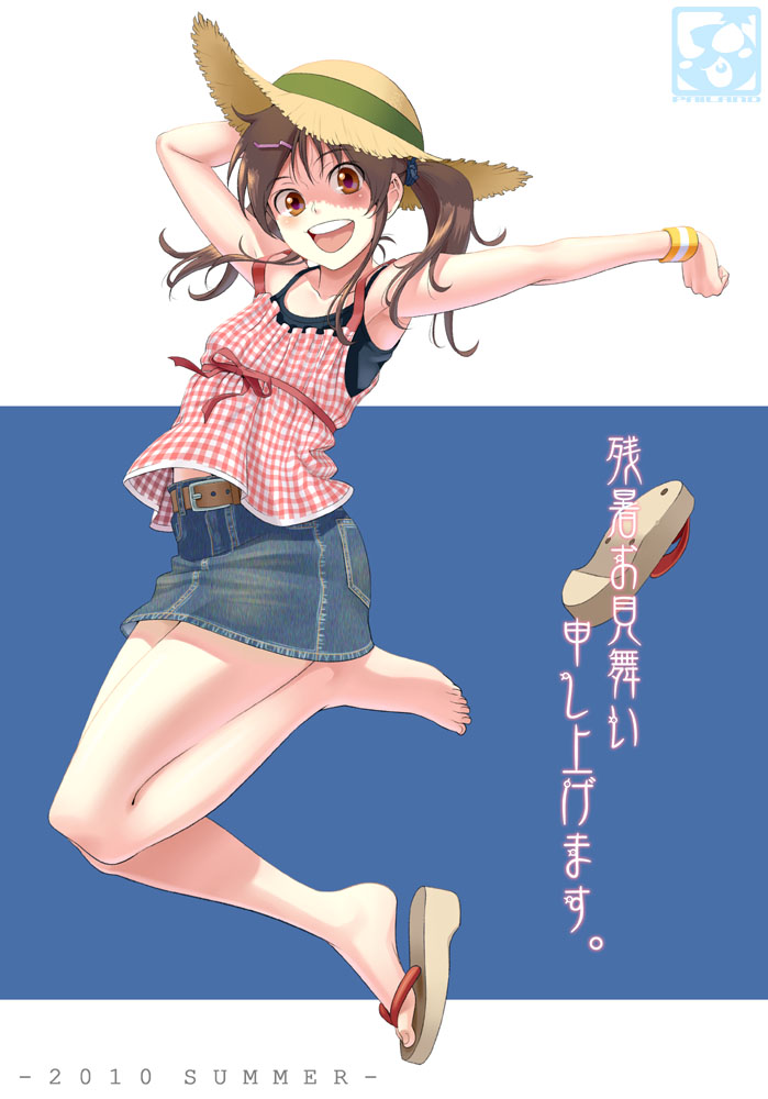 aoi_sora_(pairan) armpits barefoot belt brown_eyes brown_hair denim denim_skirt face feet hair_ornament hairclip hat open_mouth original pairan round_teeth sandals shoes shoes_removed single_shoe skirt smile solo sun_hat teeth twintails wristband