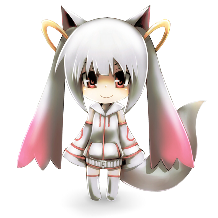 animal_ears cat_ears chibi detached_sleeves dress kyubey mahou_shoujo_madoka_magica personification red_eyes silver_hair smile solo tail thighhighs tom_(drpow) twintails white_dress white_legwear
