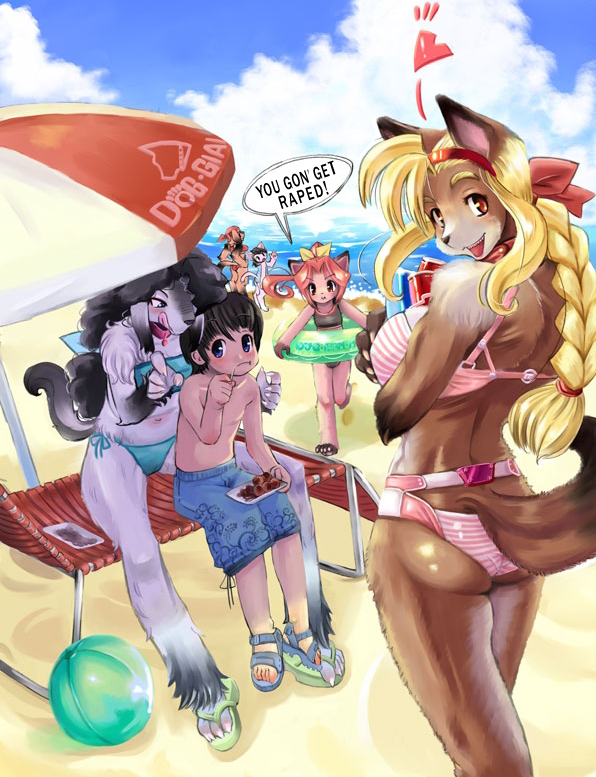 beach bikini canine cub dog female human male seaside shota skimpy straight_shota unknown_artist