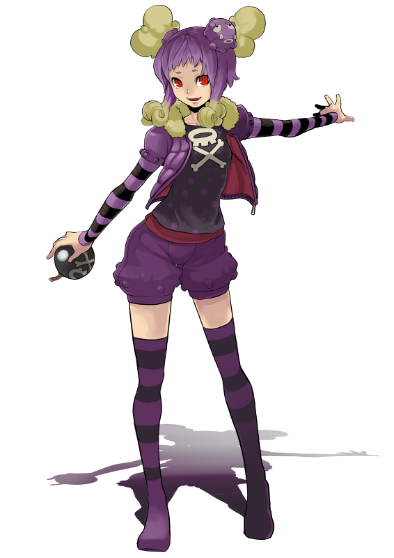 bomb gen_1_pokemon maka62 personification pokemon purple_hair red_eyes shadow shorts simple_background solo standing striped striped_legwear thighhighs weezing white_background