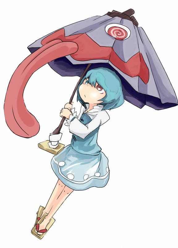 :/ blue_hair geta heterochromia hizakozouzu karakasa_obake purple_umbrella short_hair simple_background solo tatara_kogasa tongue touhou umbrella