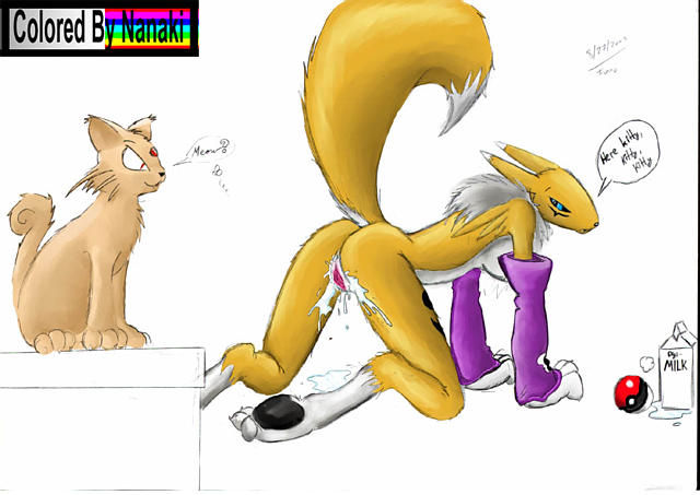 all_fours animal anthro_bestiality breasts canine crossover cum digimon doggy_position female feral fox from_behind gloves interspecies looking_over_shoulder milk persian pok&eacute;ball pok&eacute;mon presenting pussy raised_tail renamon tail unknown_artist yellow