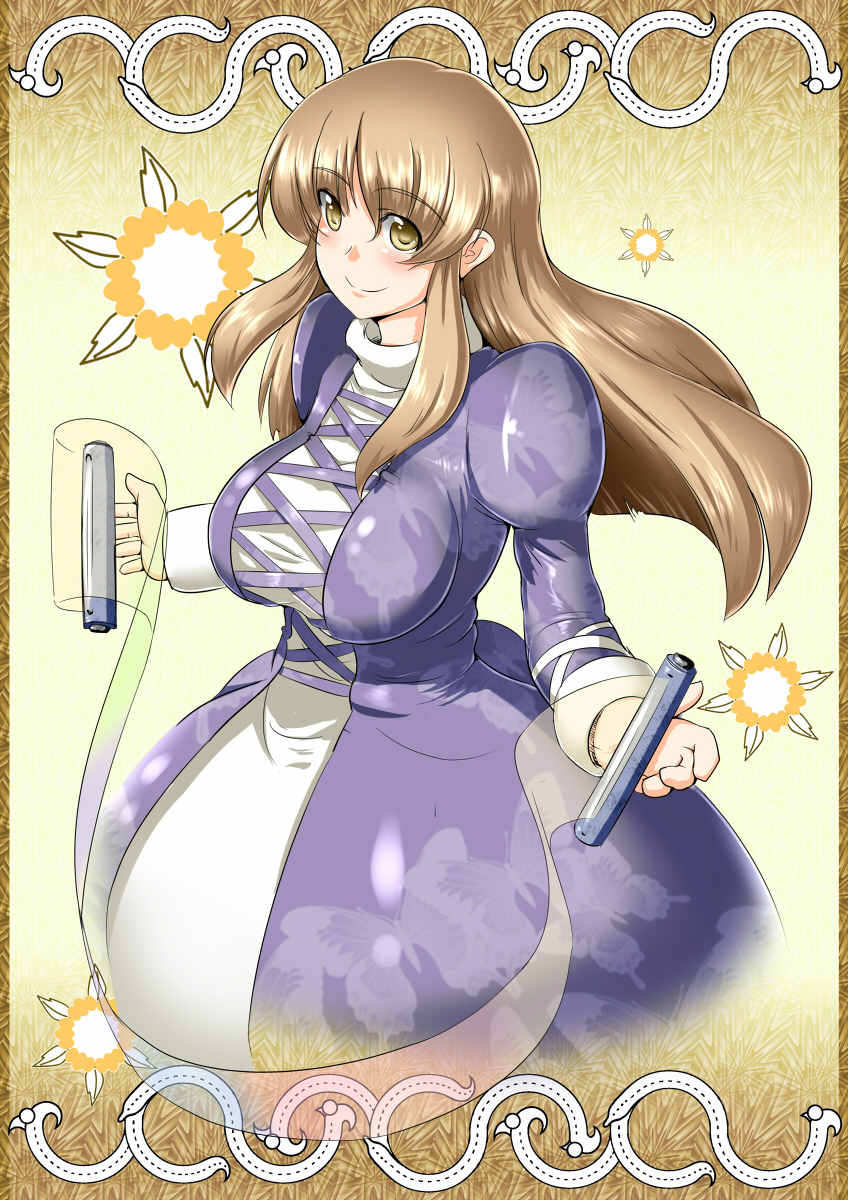 bad_id bad_pixiv_id breasts brown_eyes brown_hair dress futaba_suetsuki highres hijiri_byakuren large_breasts long_hair outstretched_arms scroll smile solo sorcerer's_sutra_scroll spread_arms touhou yellow_eyes