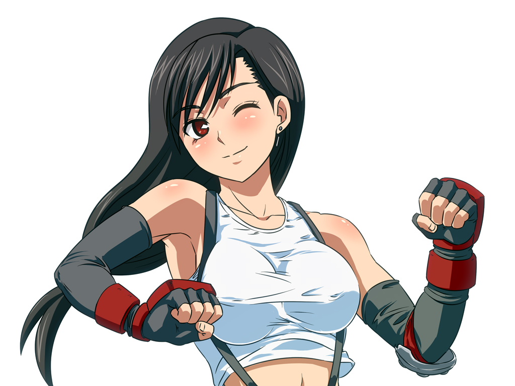 black_hair blush body_blush breasts earrings elbow_gloves female final_fantasy final_fantasy_vii fingerless_gloves gloves huracan jewelry long_hair red_eyes simple_background smile solo suspenders tank_top tanktop tifa_lockhart white_background wink