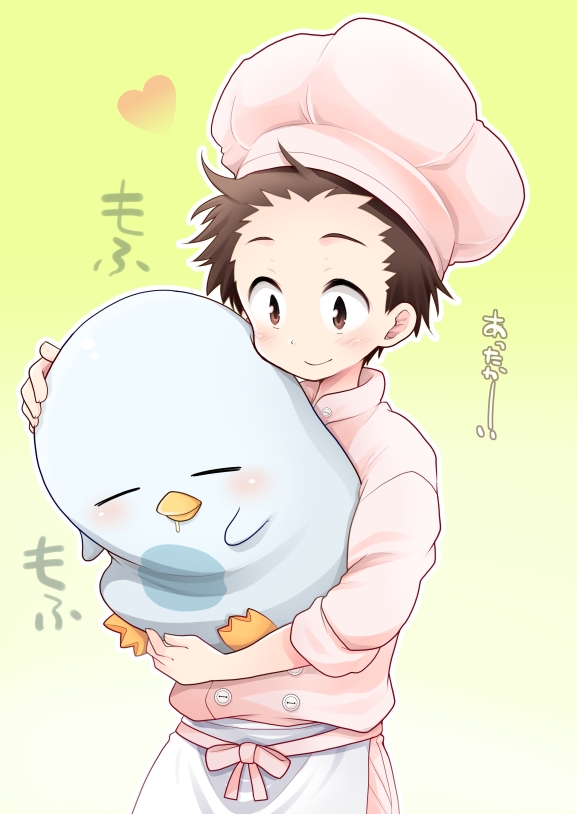 bird blush brown_eyes chef_hat hat heart holding komatsu_(toriko) penguin saliva short_hair sleeping smile toriko_(series)