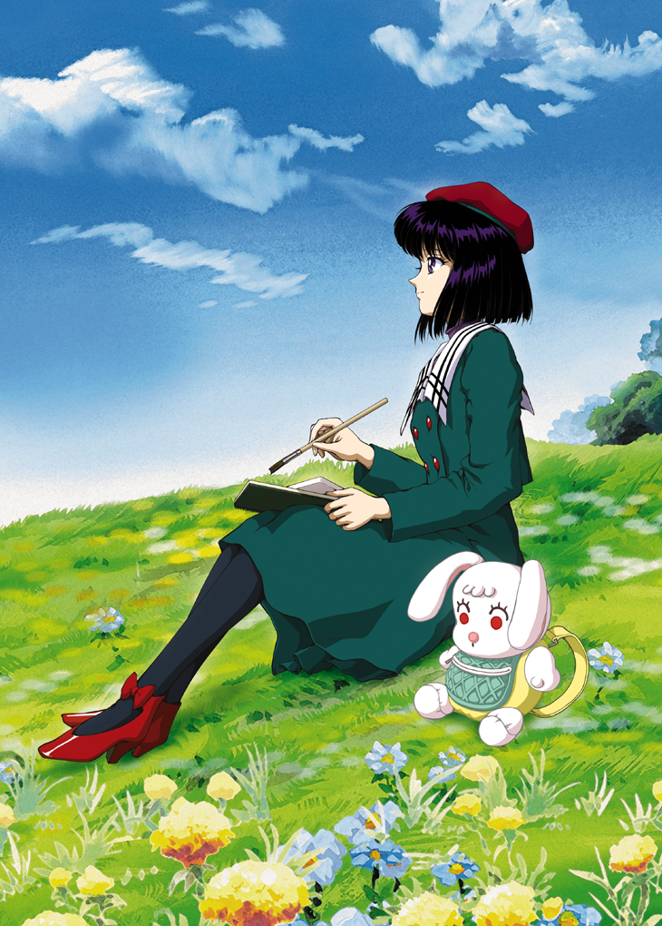 beret bishoujo_senshi_sailor_moon black_hair black_legwear blue_skirt book cloud day doll flower full_body grass hat high_heels hino_ryutaro outdoors paintbrush pantyhose purple_eyes red_footwear shoes short_hair sitting skirt sky smile solo tomoe_hotaru