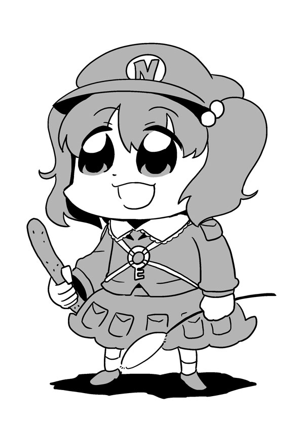 bkub chibi cucumber greyscale hair_bobbles hair_ornament hat kawashiro_nitori key monochrome open_mouth simple_background skirt solo touhou two_side_up you_gonna_get_raped