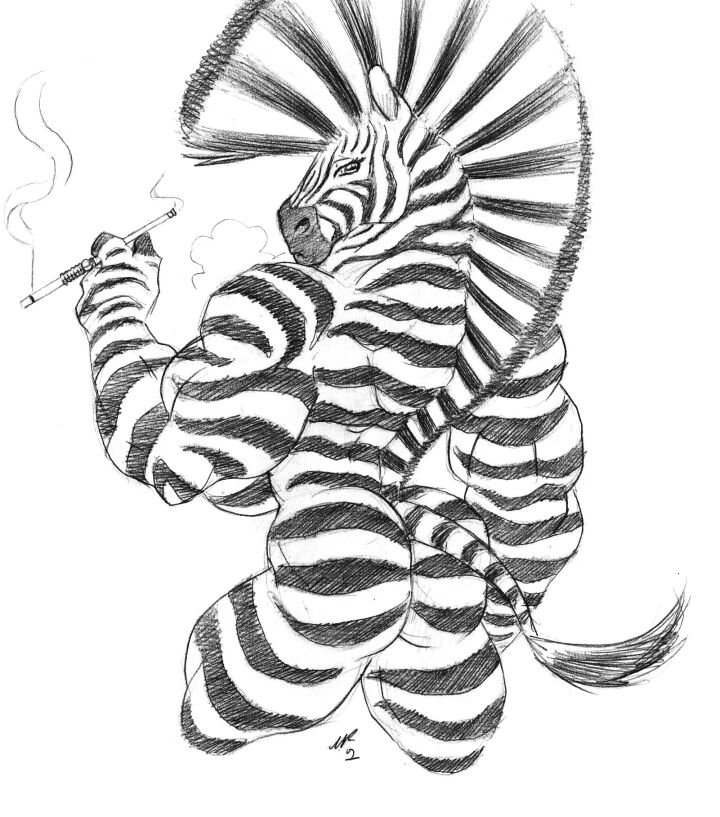 black_and_white breasts butt equine female gideon huge_muscles hyper looking_at_viewer monochrome muscles nude smoking solo zebra