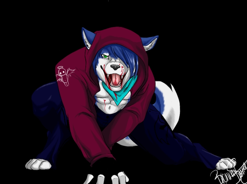 abs angry bandanna blood blue_hair brenbonez8 canine clothed crouching dog ear_tufts fangs gloves green_eyes hair havok hoodie hunter_(left_4_dead) husky left_4_dead looking_at_viewer paws simple_background solo zombie