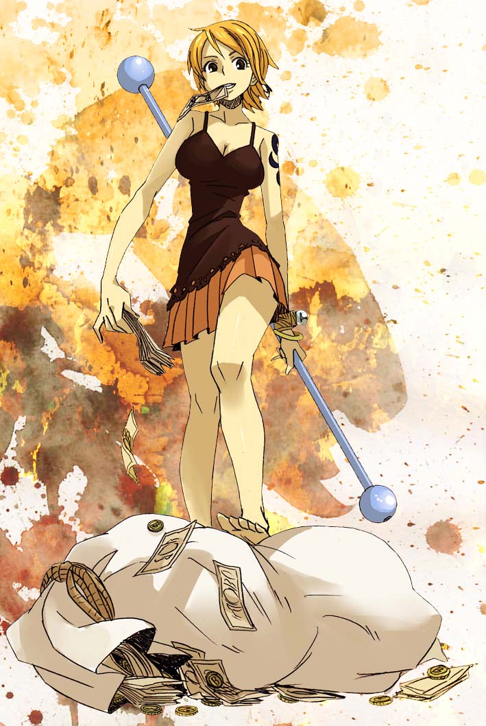 1girl barefoot black_shirt breasts camisole cleavage feet female full_body huge_breasts legs money nami nami_(one_piece) one_piece orange_hair shirt short_hair skirt solo tattoo thief toes weapon