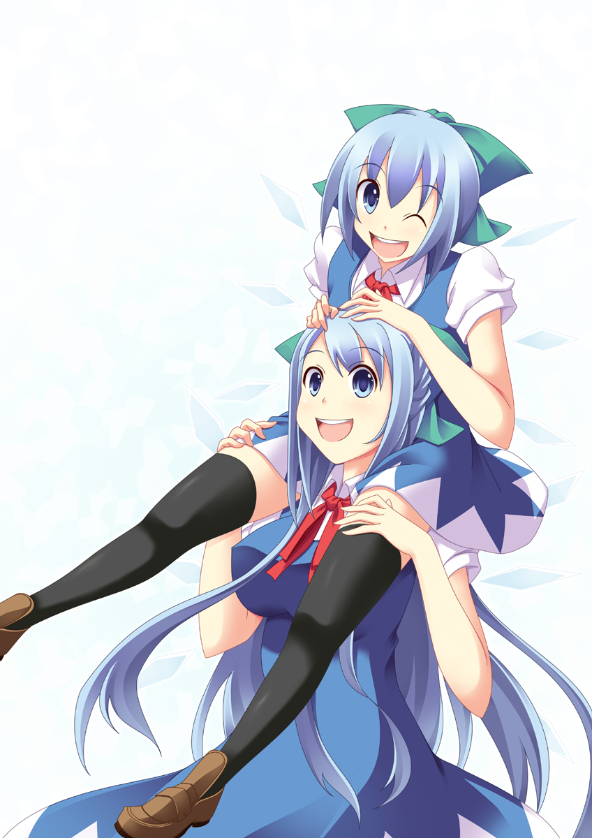 alternate_hair_length alternate_hairstyle carrying cirno dual_persona highres long_hair lozelia multiple_girls older one_eye_closed shoulder_carry thighhighs touhou