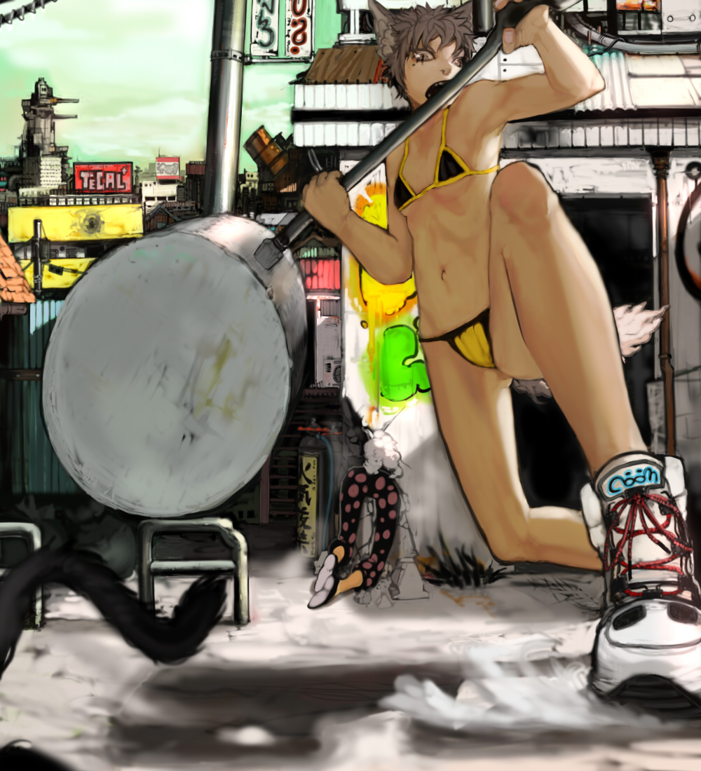 bikini cat chase cityscape combat doggirl feline female hammer shoes sirosir skimpy