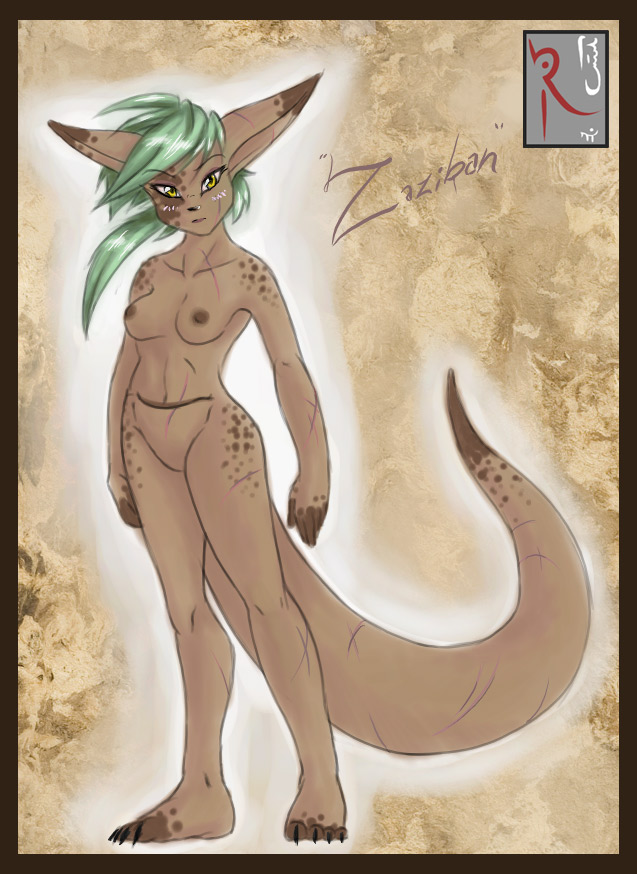 female green_hair kangaroo looking_at_viewer marsupial nude pouch scar solo