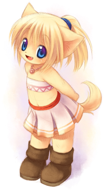 blonde_hair blue_eyes boots canine cub dog fang female hair midriff necklace ponytail pose solo standing tetetor-oort yellow 田代憂