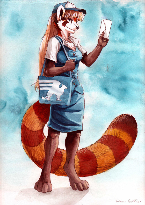 chest_tuft envelope female hibbary letter letter_carrier postal_worker red_panda solo